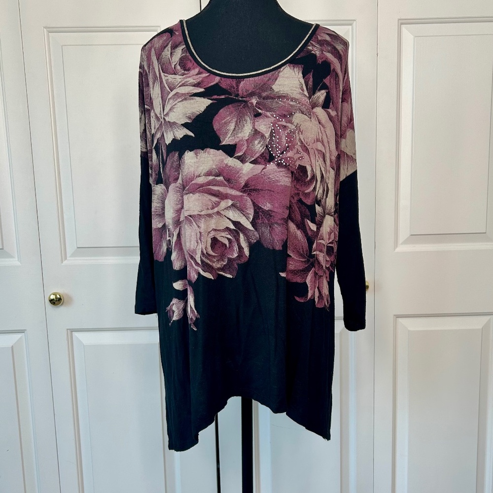 Skinny Minnie Black Long Sleeved Tunic with Purple Floral Print & Crystals Large